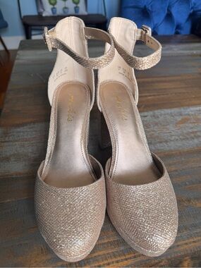 Aukis Metallic Gold Ankle-Strap Block Heels